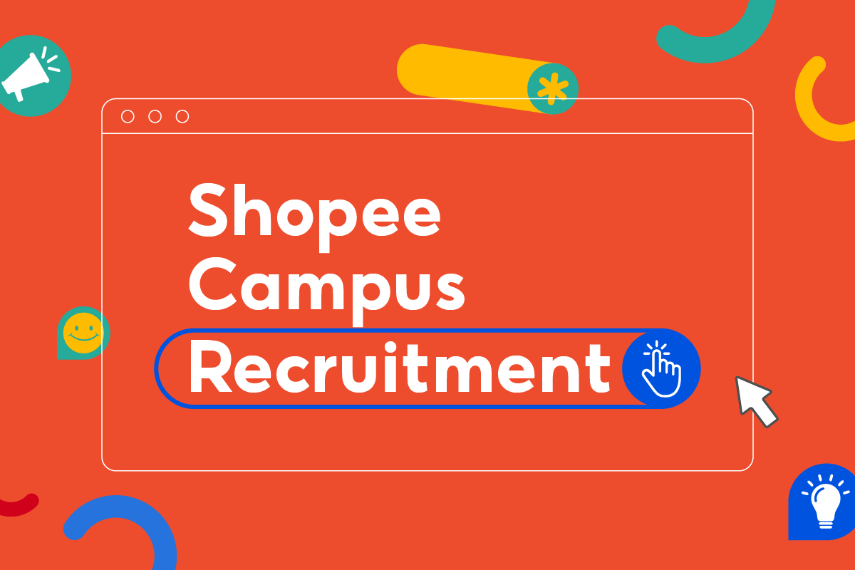Shopee Campus Recruitment key visual — Shopee, Campus, Recruitment lockup in a browser-chrome box on an orange field